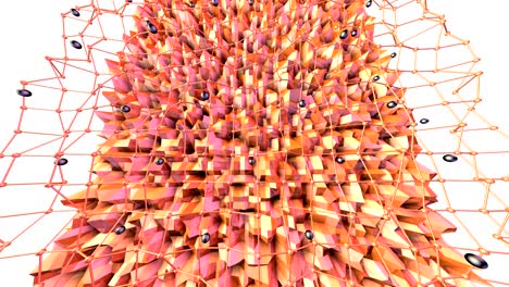 niedrige poly 3d-oberfläche mit fliegendem raster oder netz und schwarzen kugeln als cybernetischen hintergrund. weich geometrischer niedriger poly-hintergrund aus reinen rosa orange-roten polygonen. 4k fullhd nahtloser schleifen-huntergrund