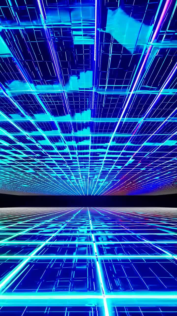 Futuristic digital grid with neon blue lines, captured from a low-angle perspective