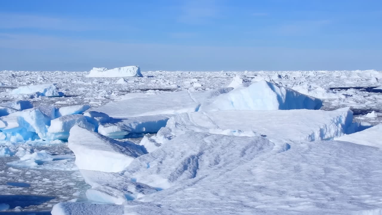 凍結した北極海の氷のパノラマ。澄み切った青空の下、広大な亀裂の入った流氷とそびえ立つ氷山の風景。