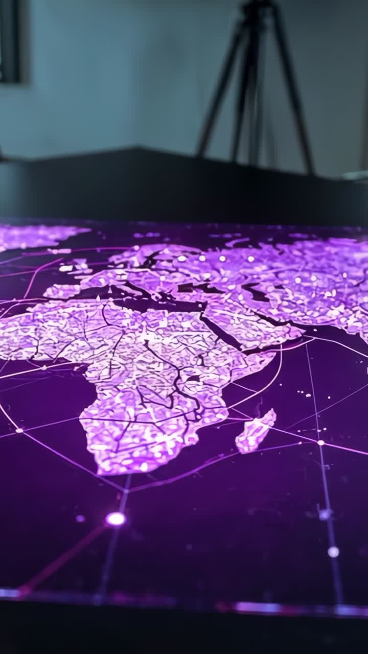 Vertical video: Camera tilting revealing purple hologram pulsing on meeting room table, with tripod