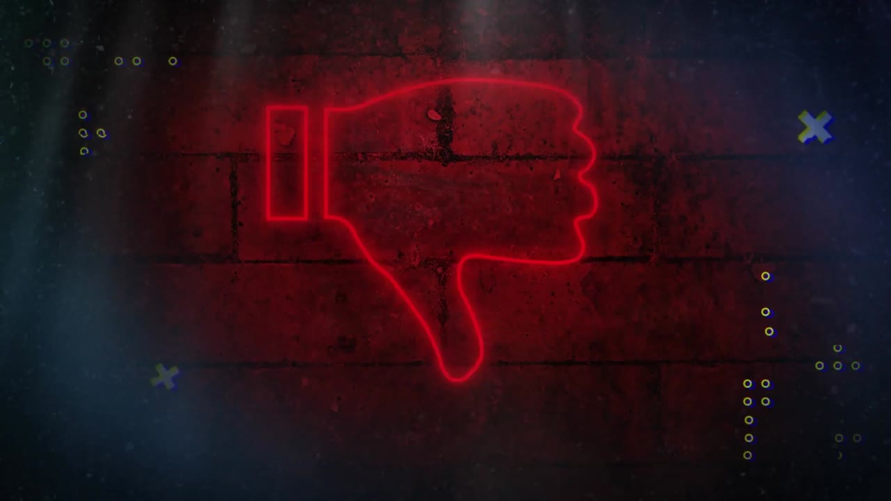 벽돌 벽에 대한 네온 빨간색 혐오 아이콘 위에 추상적인 모양의 디지털 애니메이션