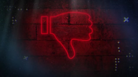 animación digital de formas abstractas sobre el icono de desagrado rojo neón contra la pared de ladrillo