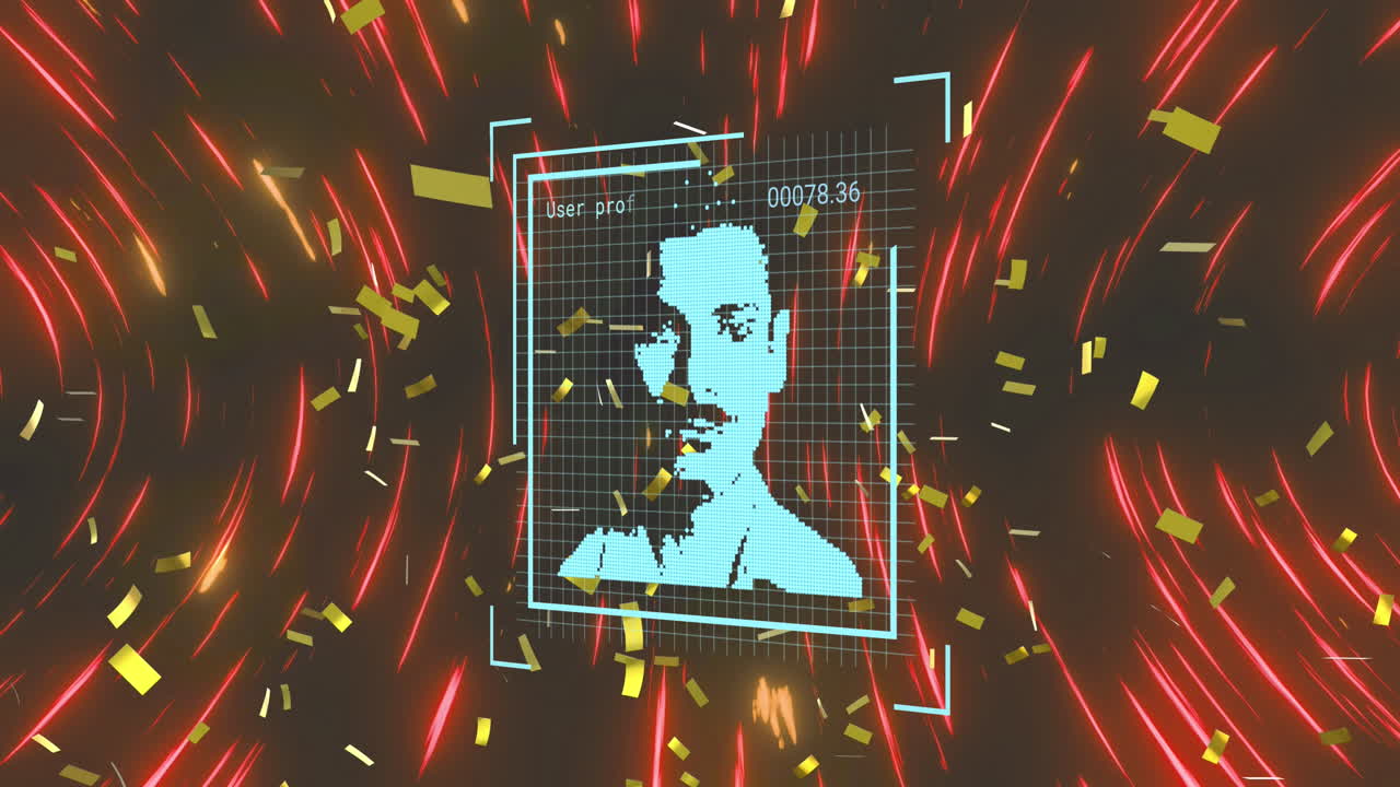animación de imágenes de perfil digital sobre confeti y patrón de onda circular sobre fondo negro.