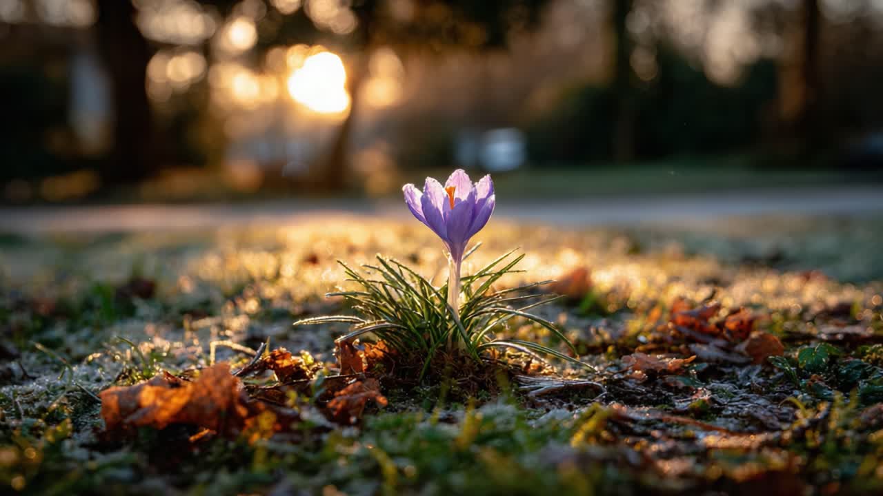 En smuk, blomstrende krokus i morgenlyset omgivet af nedfaldne blade på en frostklar jord, der indfanger essensen af det tidlige forår