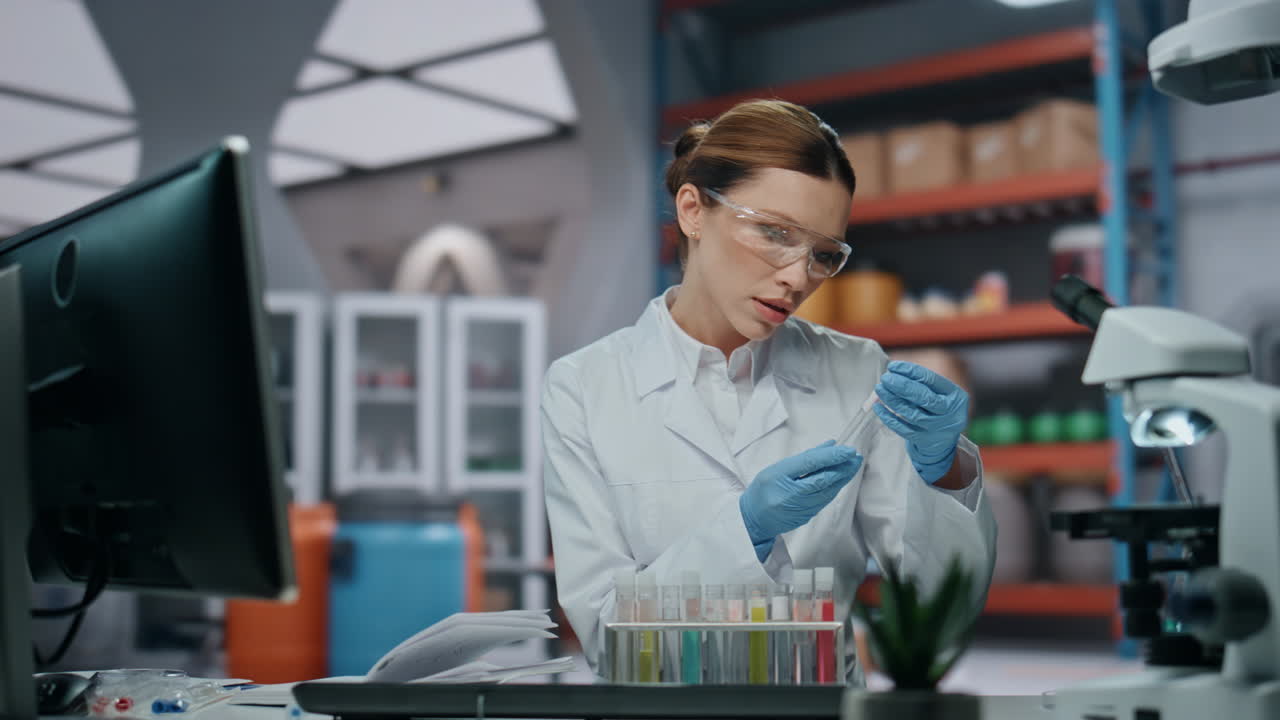 Lab expert checking test tubes making notes in clinic close up. Woman scientist