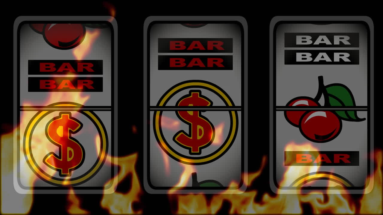 slot machine vincente animazione contro uno sfondo in fiamme