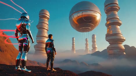 futuristic figures witness a mysterious spherical object on an alien planet