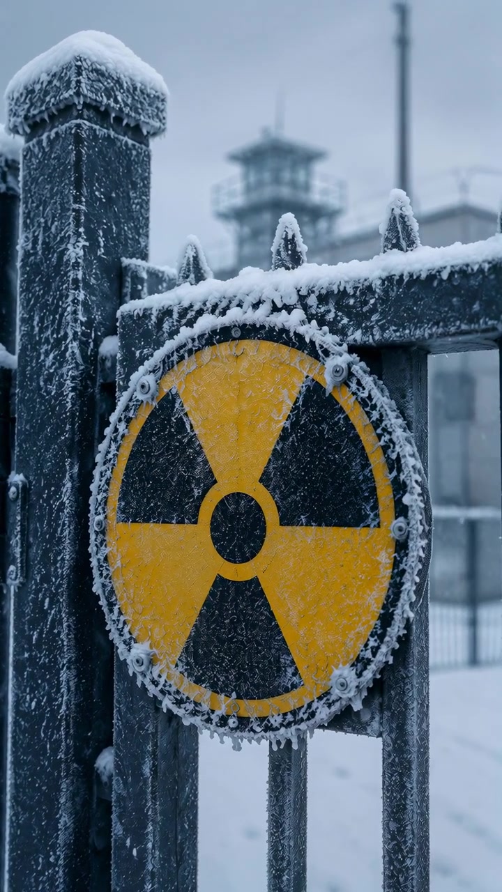 La telecamera si avvicina lentamente a un segnale giallo e nero di pericolo radiazioni montato su una recinzione scura e ghiacciata, rivelando brina, accumuli di neve, dettagli appuntiti della ringhiera e un delicato sfondo invernale.