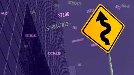 animation of financial data processing and yellow road sign with arrow