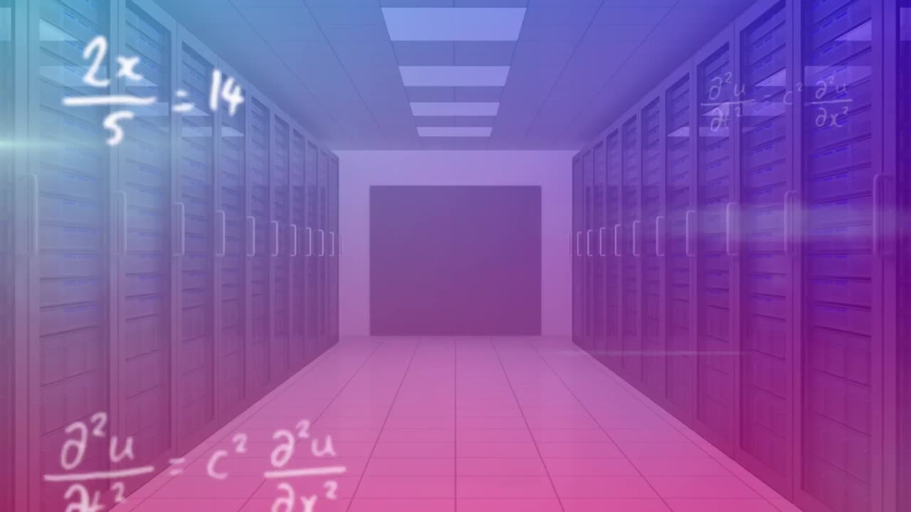 Mathematical equations moving against server room