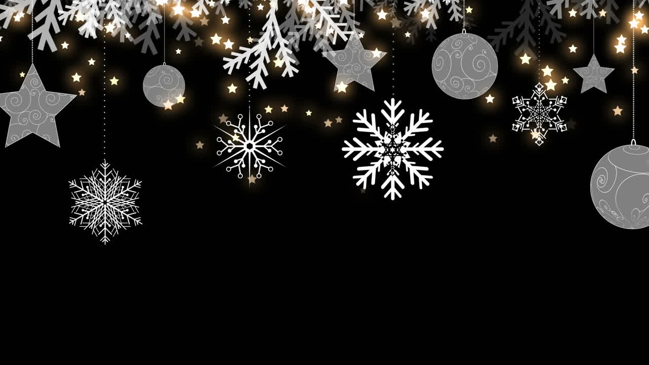 animación de ramas de abetos con decoración sobre estrellas que caen