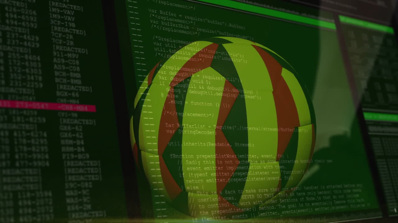 Soccer ball animation over computer screen displaying code and data
