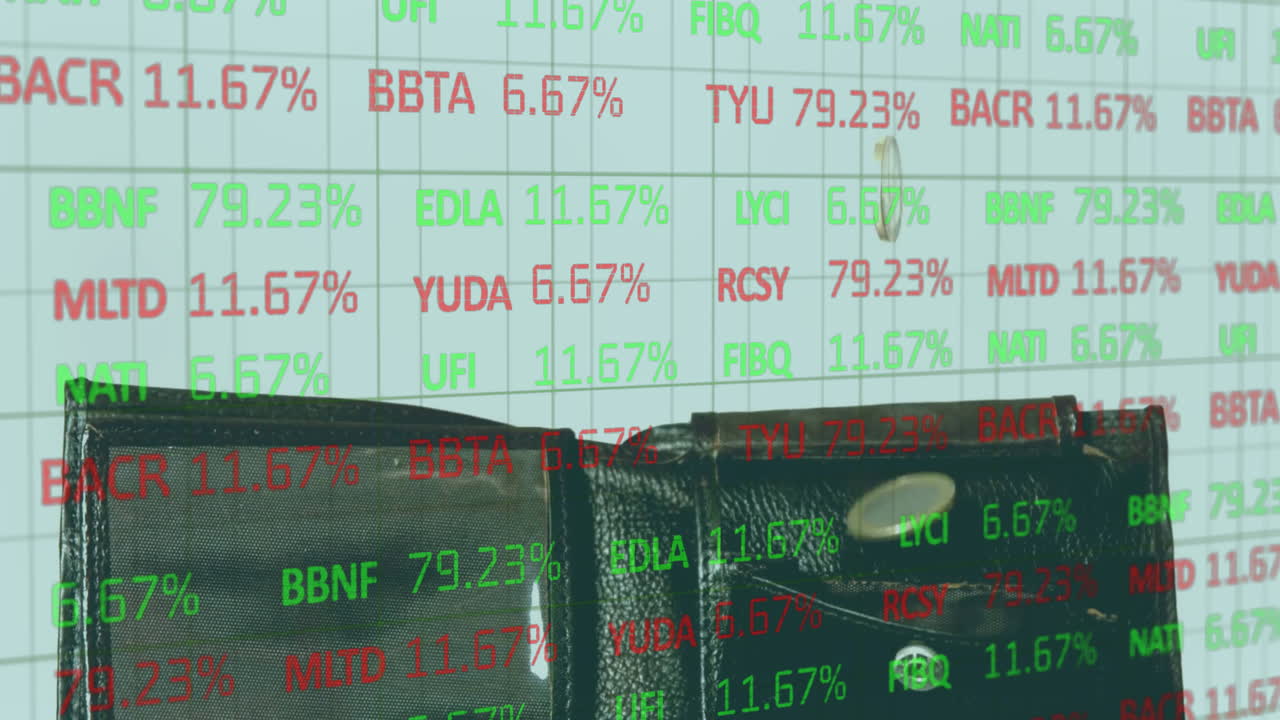 animación de datos del mercado de valores sobre billeteras con cifras financieras
