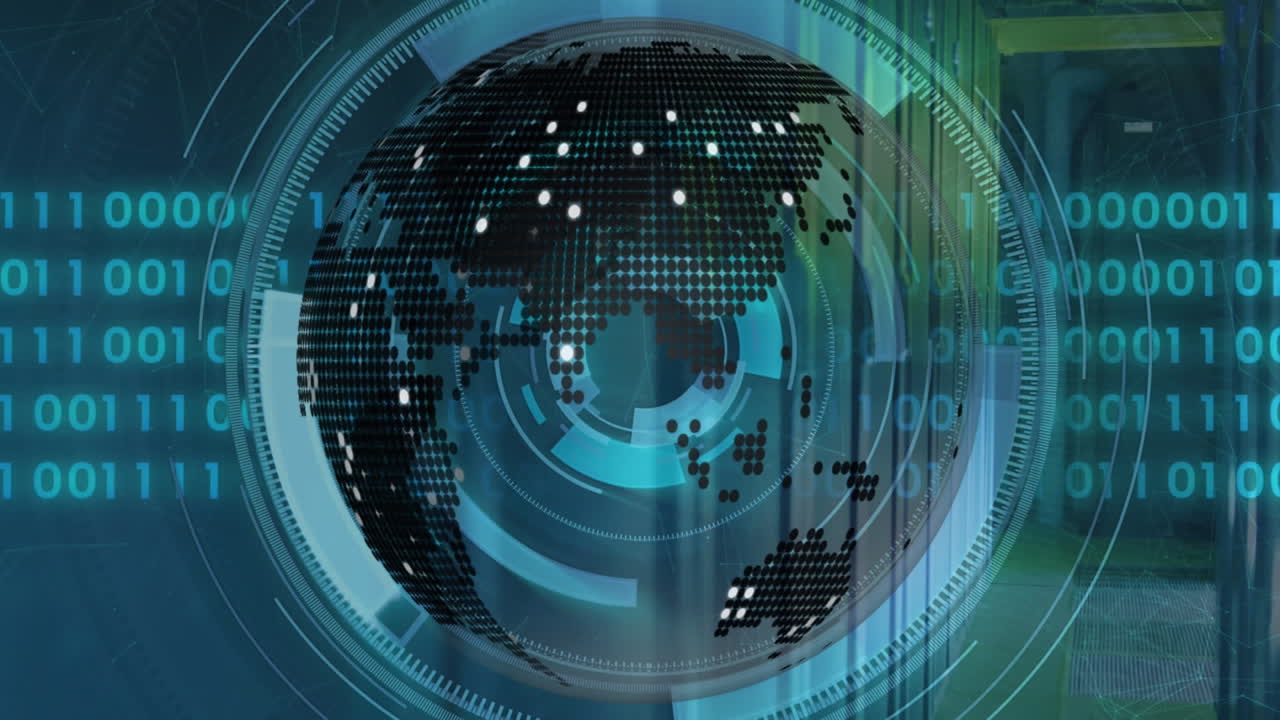 Animation of globe, loading circles and binary codes over data server room