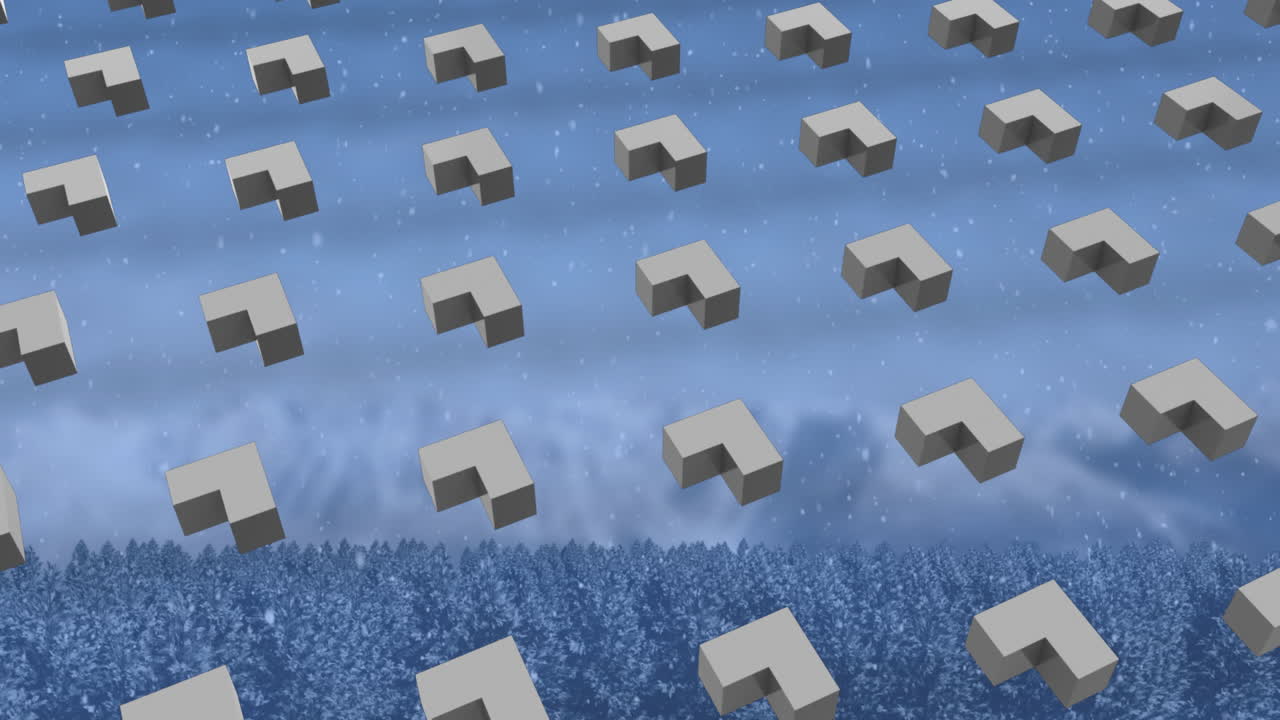 추상적인 모양의 행의 애니메이션 패턴과 겨울 풍경에 떨어지는 크리스마스 눈