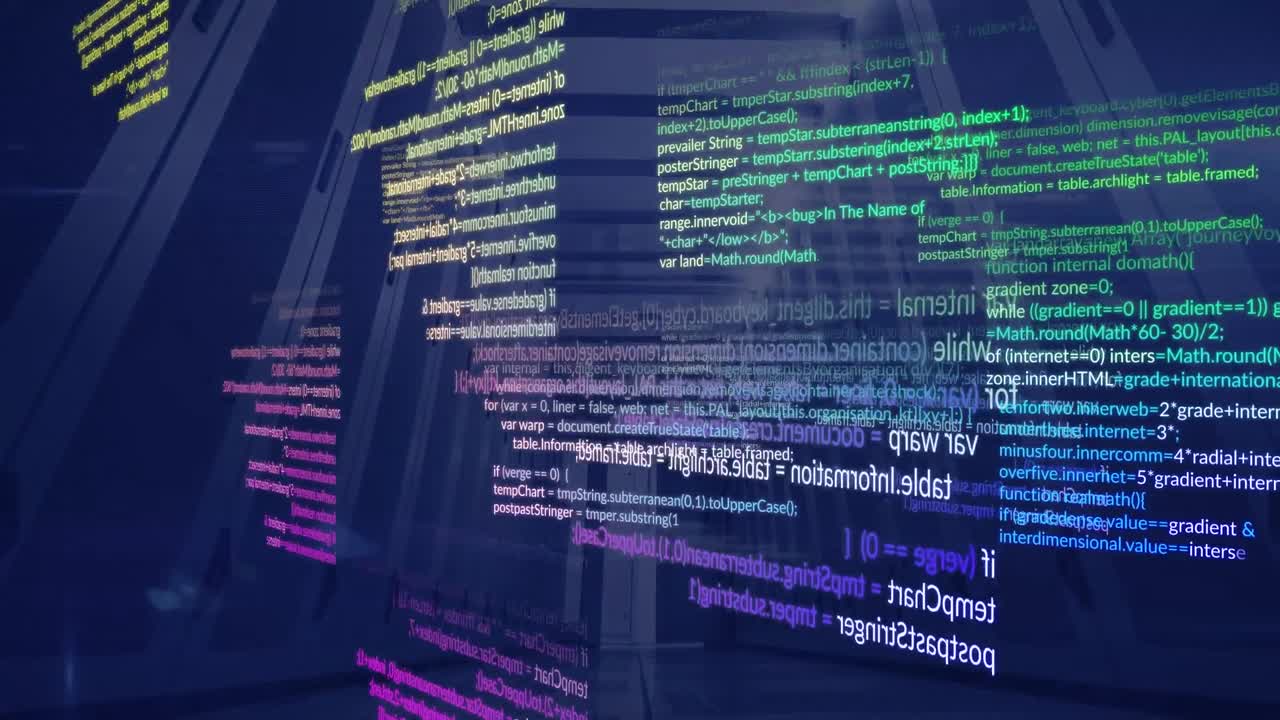 animación del procesamiento de datos contra la sala de servidores de computadoras