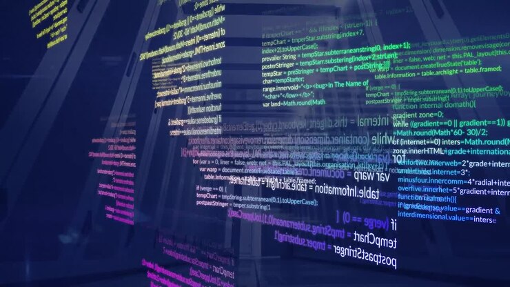 Animazione dell'elaborazione dati su sfondo di una sala server di computer.