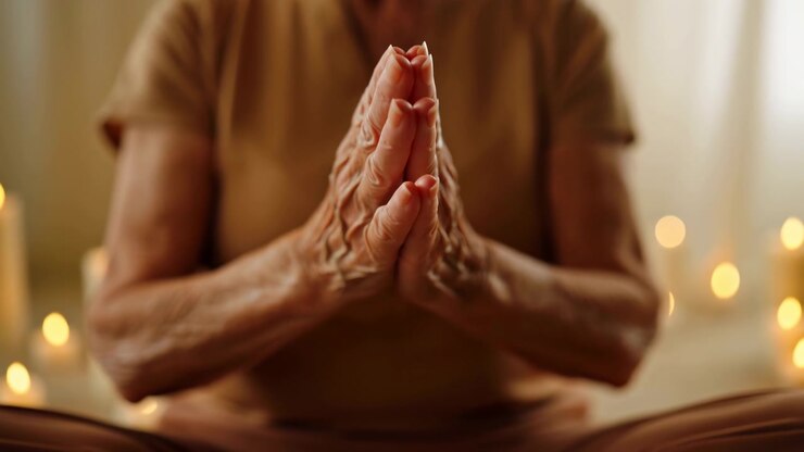 Close frontal view of elderly person seated cross-legged, hands moving from cupped palms toward prayer pose beside lit pillar candles, creating calm warm interior mood, with hand, prayer, cupped