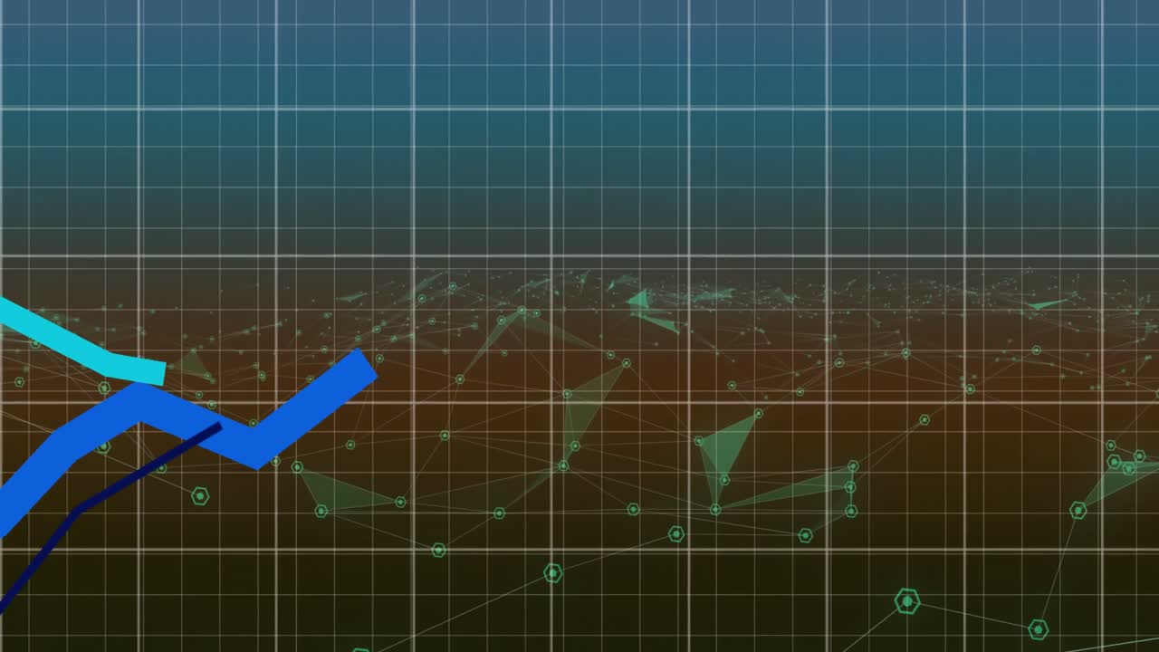 배경에서 그리드에 연결된 네트워크를 통해 녹화되는 파란색 선의 애니메이션