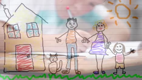 animation of hand drawn family on ruled paper over schoolboy writing