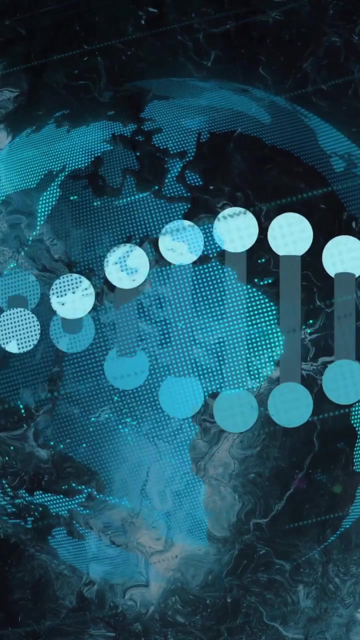 Animation of digital data processing over globe and dna strand spinning