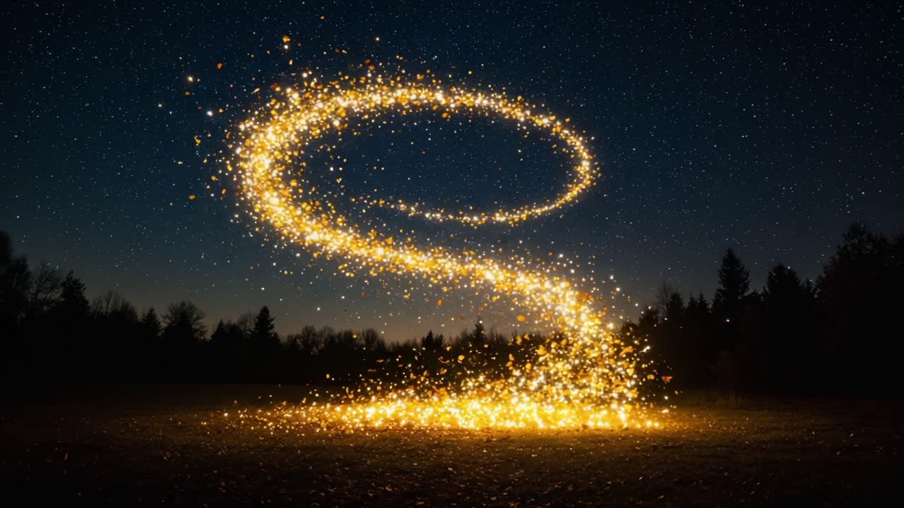 A Dazzling Trail of Golden Sparks Forms a Captivating Swirl Against a Starry Night Sky, Creating an Enchanting Atmosphere of Wonder and Magic