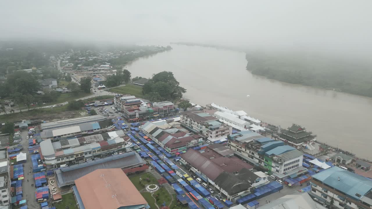 Foggy Morning Beautiful Drone View Of Sri Aman Town At Batang Lupar River, During Regatta And Pesta Benak,Sarawak, Borneo.