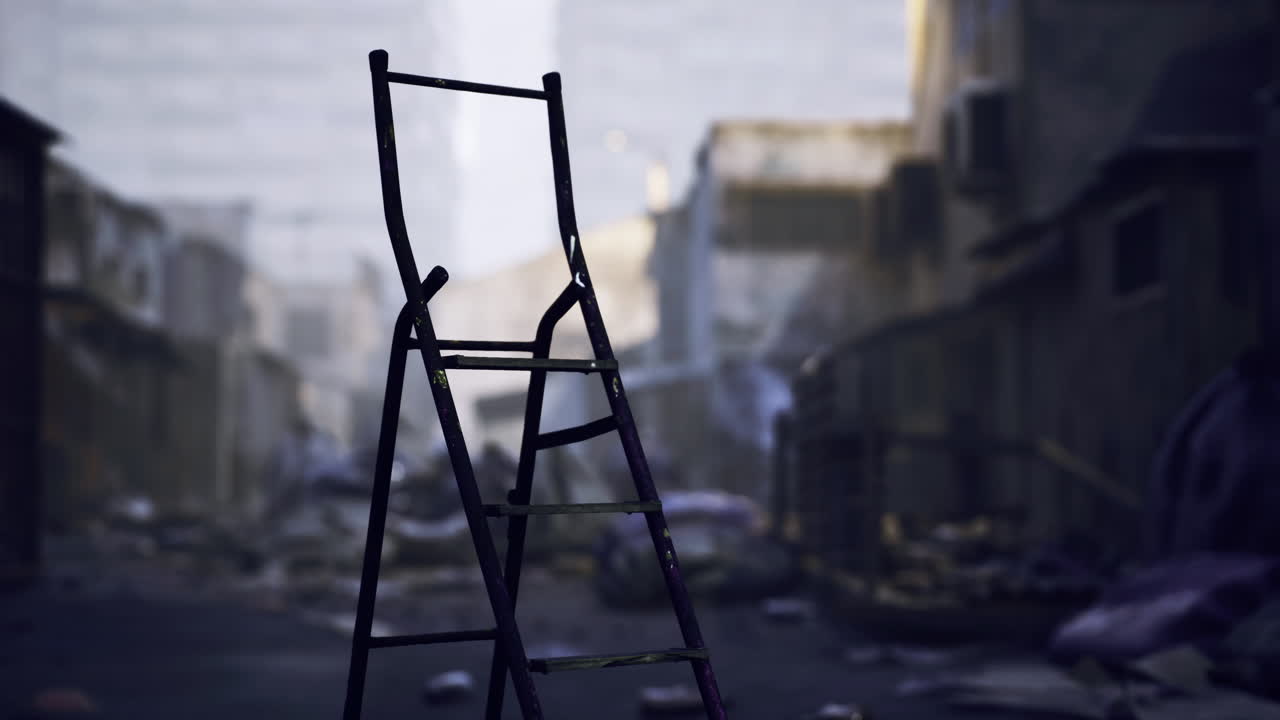 Abandoned street with a lone ladder standing in the midst of ruins