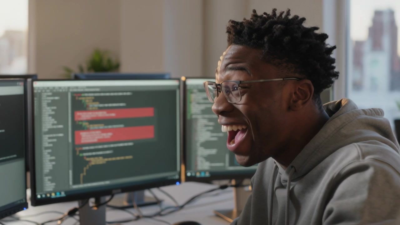Noticing highlighted fix on two monitors, hoodie developer reading, laughing and clapping at desk