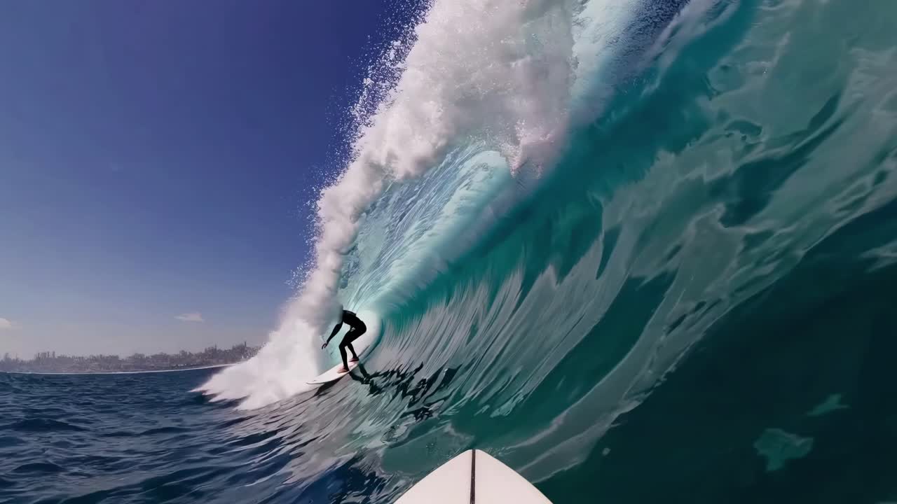Dynamic POV video of a surfer riding a massive wave, captured from a low-angle