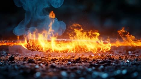 el fuego arde brillante a lo largo de una superficie metálica en un entorno oscuro