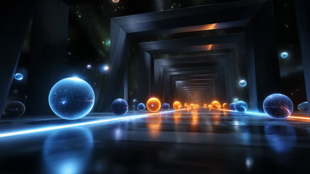 A Journey Through a Cosmic Corridor: A Stunning Visual Representation of Orbs Glowing in a Celestial Pathway, Leading Deep into the Infinite Expanses of Space and Time, Emanating Otherworldly Light and Energy