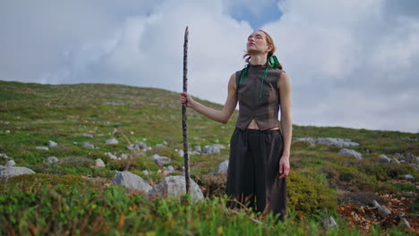 woman travel serene nature in summer. contemplative calm hiker enjoying journey