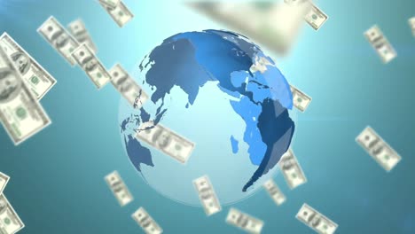 american dollars falling over spinning globe against blue background