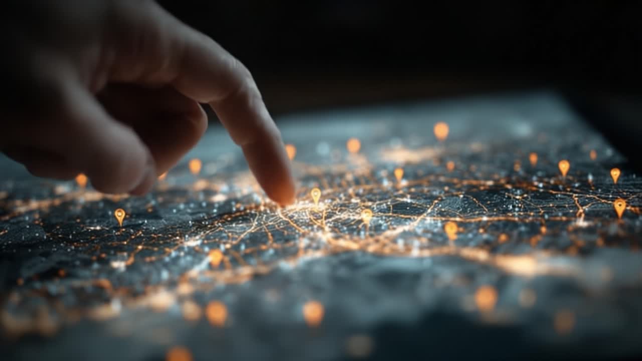 Exploring Connectivity: A Close-Up on a Finger Interacting with a Digitized Map Display Highlighting Network Locations and Connections in a Vibrant Digital Landscape