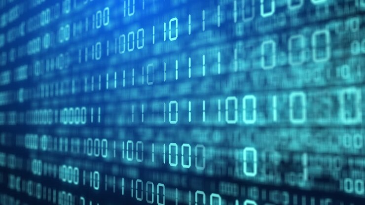 Blue background with changing binary code. Blurred numbers of zeros and ones on virtual screens. Abstract motion graphics. Technical environment programming,