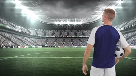 Animation-of-stadium-over-caucasian-male-soccer-player