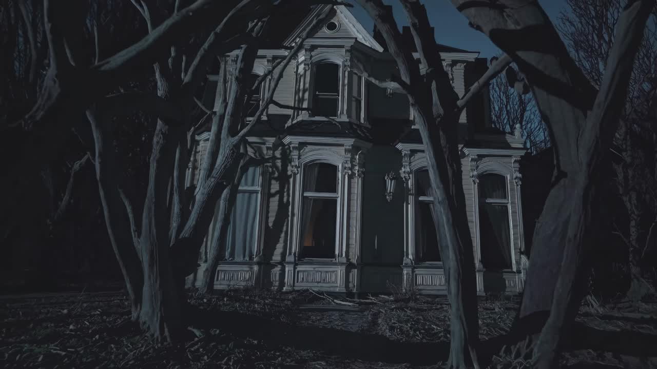 Eerie Victorian house at night, captured from a low angle. The video evokes a haunting, mysterious