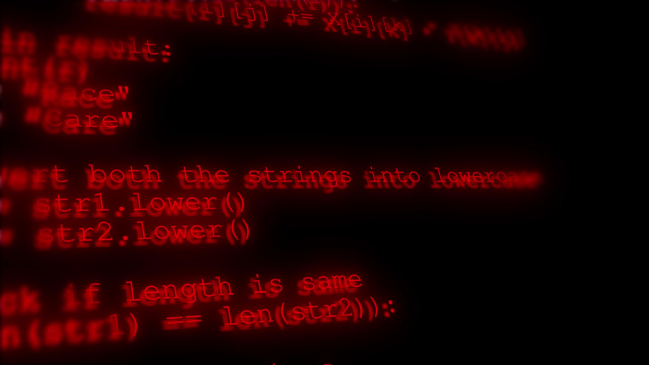 Dark red software code visual with blurred programming text glowing numeric matrix and black cyber