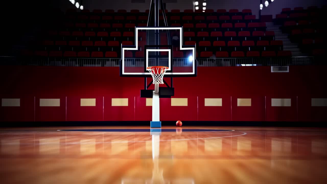 Wide-angle shot of an empty basketball court with a focus on the hoop, capturing a cinematic video