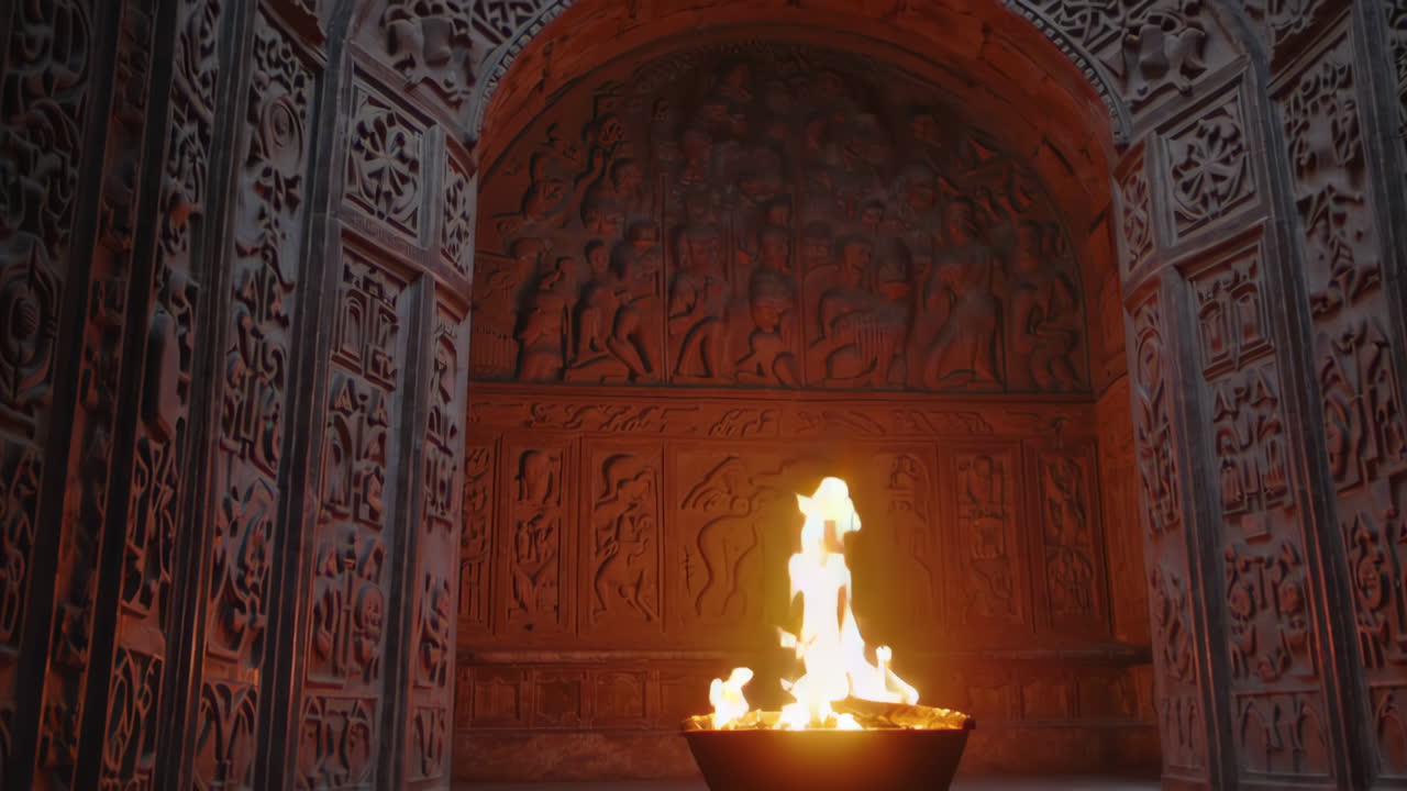 Ancient Temple Interior with Burning Incense