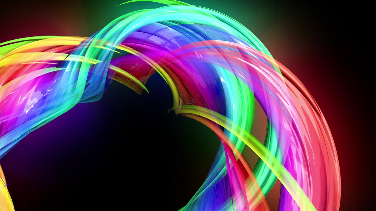 검은색 배경에 네온 빛을 가진 투명한 색상의 선. 모션 그래픽 3d 루프 배경과 다채로운 다채로운 무지개 리본. 모션 디자인 스타일의 아름다운 원활한 배경.