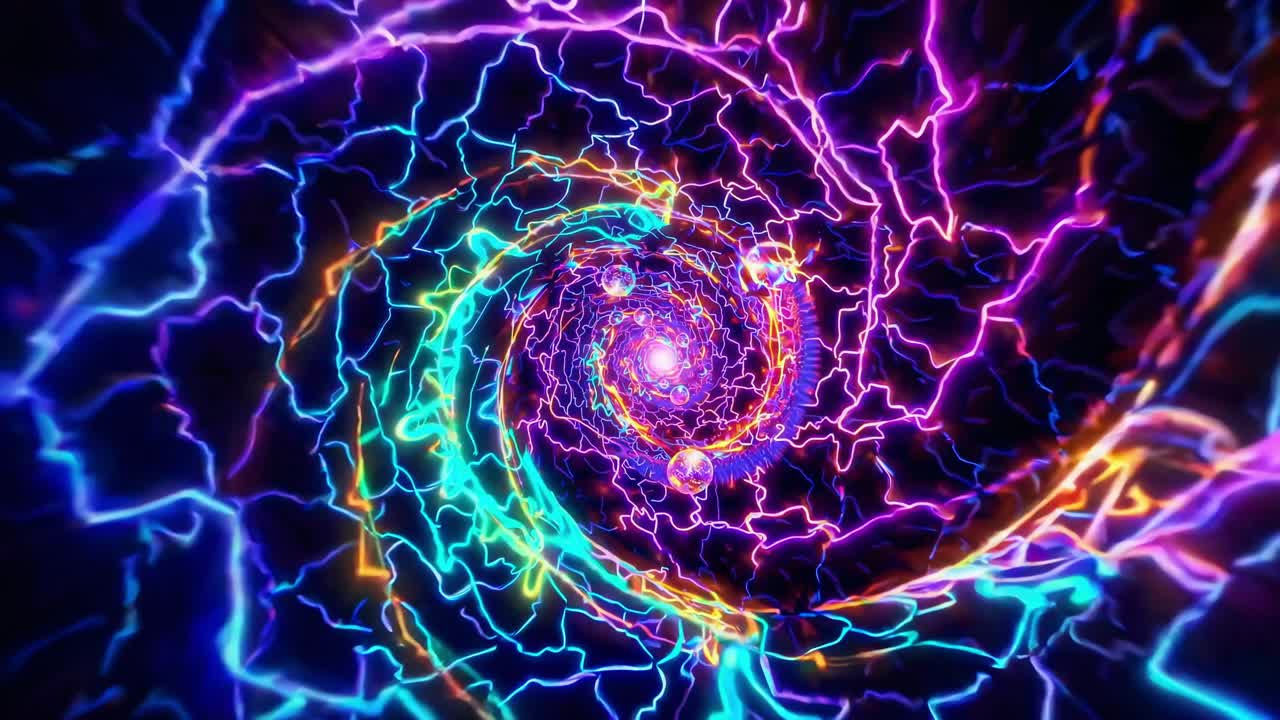 Bright swirling cosmic vortex with colorful electric plasma spheres and lightning bolts creating a mesmerizing and energetic scene, perfect for science fiction, fantasy, or abstract projects