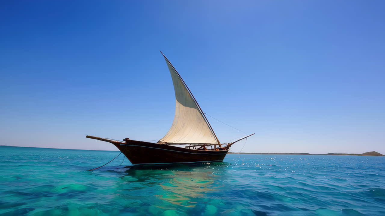 Traditional Wooden Dhow Sailing Boat in Turquoise Water