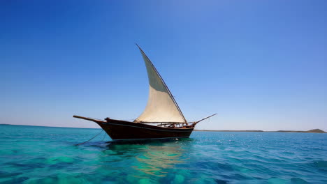 traditional wooden dhow sailing boat in turquoise water