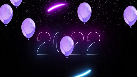 Animation-of-2022-text-with-glowing-pink-and-white-lights-and-purple-balloons-on-black-background