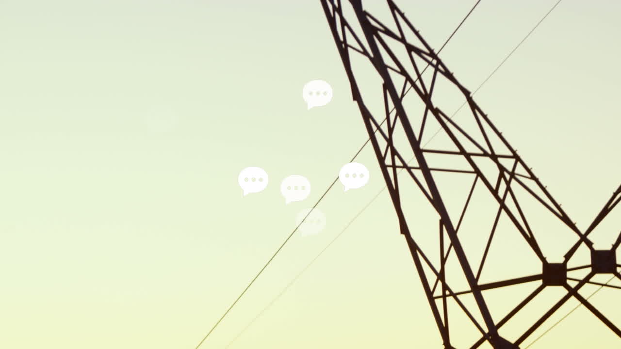 Animation of speech bubbles over electricity poles at sunset
