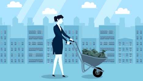 mujer de negocios de estilo azul chica con bolsas de dinero carro de empuje caminando plano personaje de dibujos animados