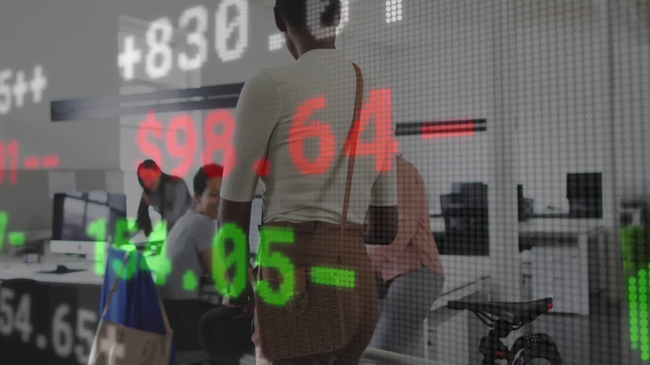 Animation of data processing over diverse business people working in office