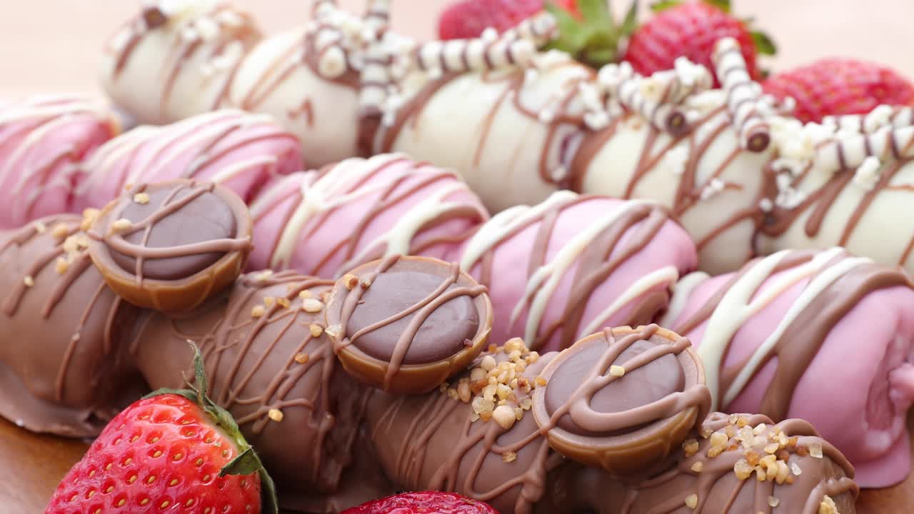 varias frutas sabrosas cubiertas de delicioso chocolate y dulces encima